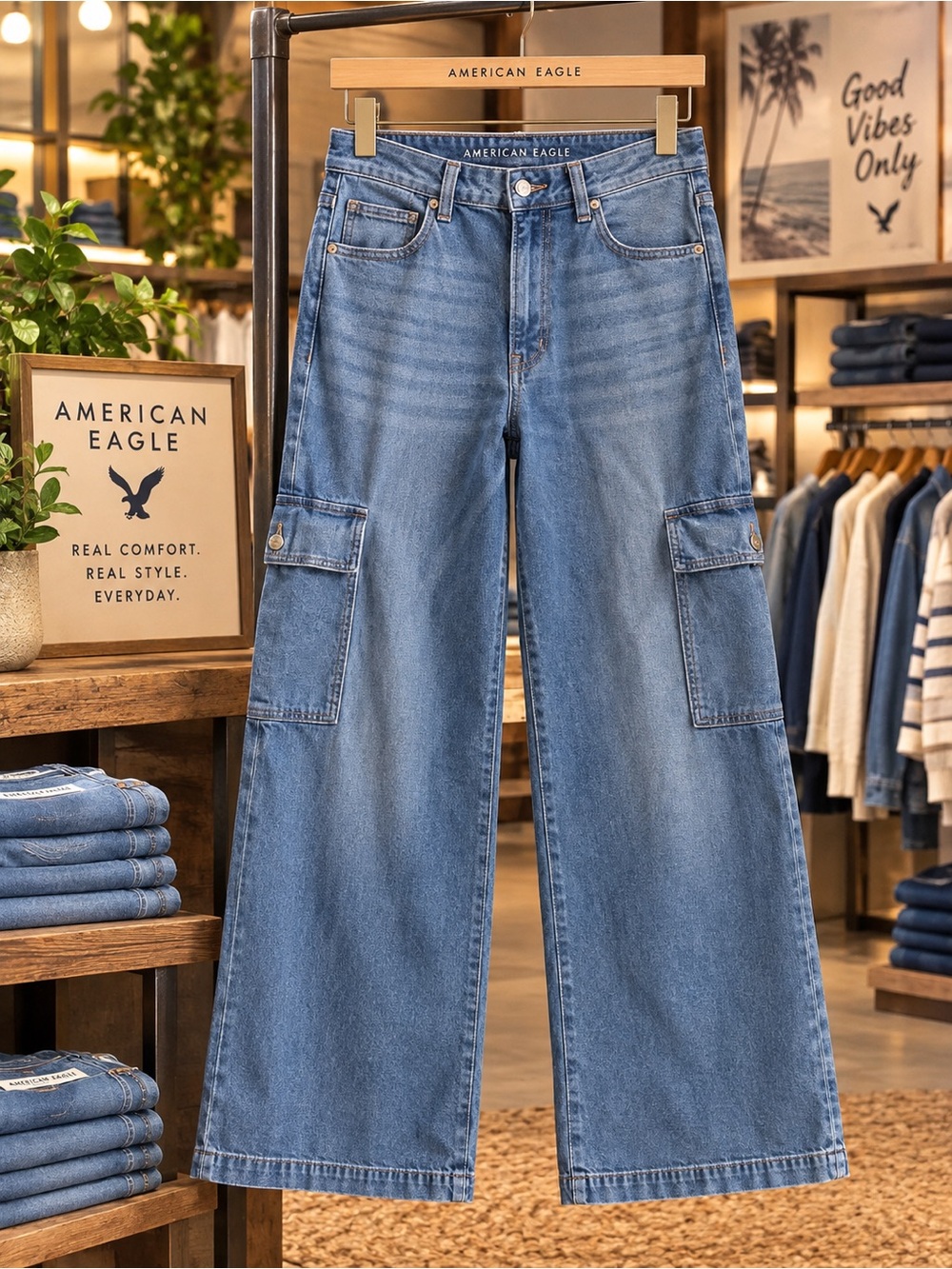 American Eagle Outfitters Light Blue Wide-Leg Cargo Jeans